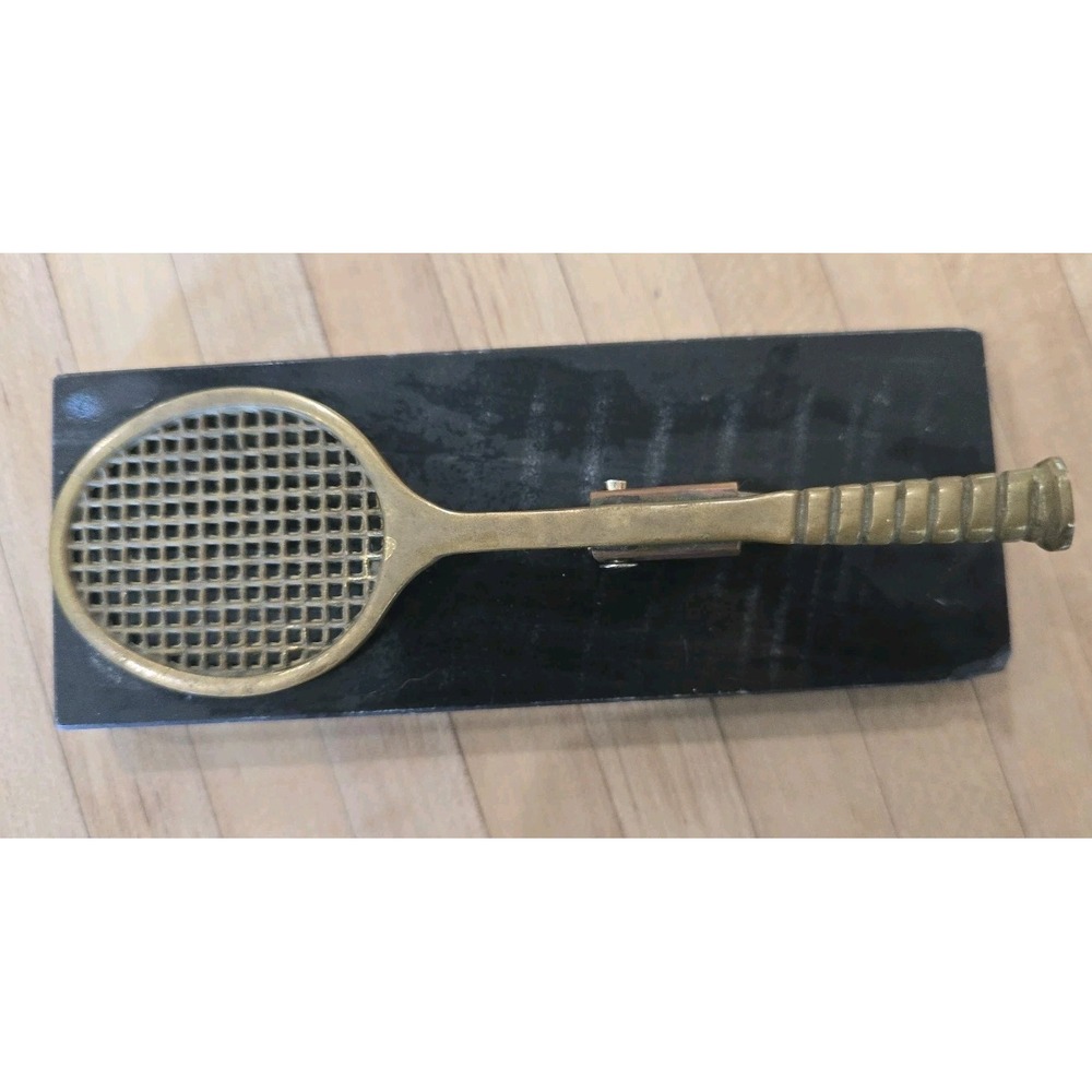 Vintage 80s Solid Brass Tennis Racket Desk Clip Letter Card Holder 6"